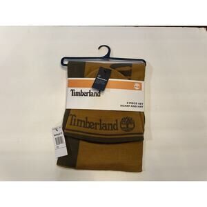 Timberland Men’s Logo Jacquard Scarf Hat Set brown NWT